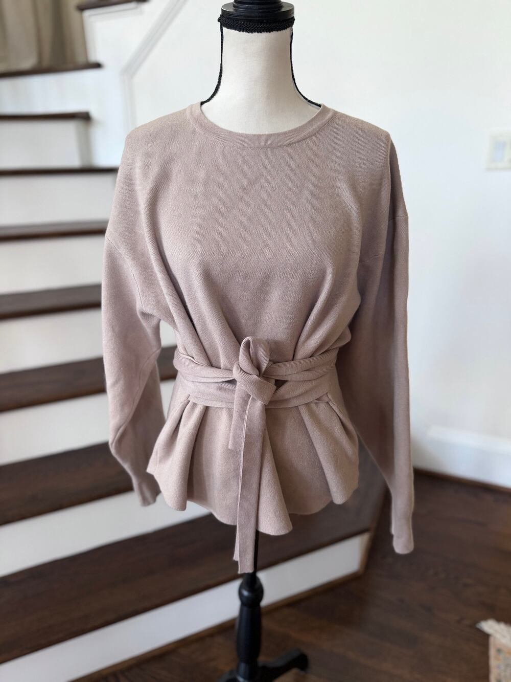 Modern Citizen Nara Tie-Front Long Sleeve Tan Crewneck Peplum Sweater